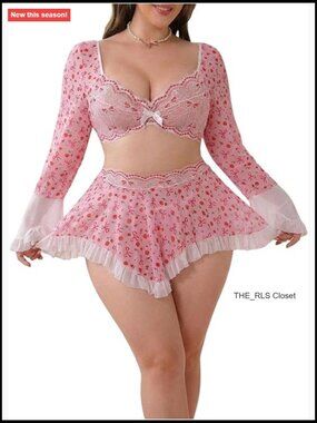 Plus Size Lace Lingerie Set Crop Top Thongs Mini Skirt Boudoir Outfit